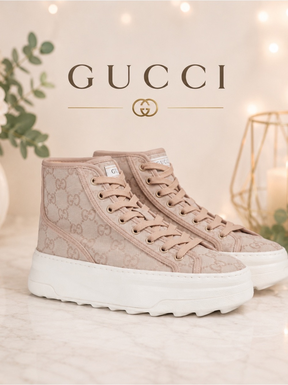 Gucci Tennis 1977 GG Monogram Platform High-Top Sneakers Skin Rose 37.5